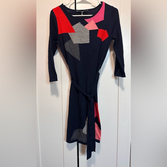 Trina Turk Merino Wool Geometric Patterned Navy‎ Blue Belted Dress Size S - Picture 5 of 14